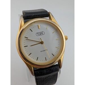Vintage Tozai Watch Women 33mm‎ Gold Case Black Leather Band- New Battery